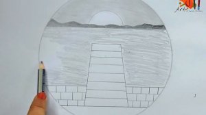 Pencil Sketch Bridge Sunset Circle Drawing Tutorial Step by Step | How To Draw | Pencil Sketch