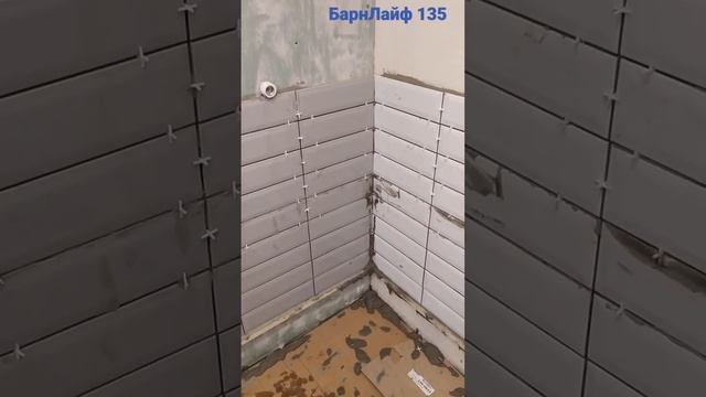 Укладка плитки Kerama Marazzi в душевой бокс.  Стена прогрунтована и нанесён слой бетоноконтакта.