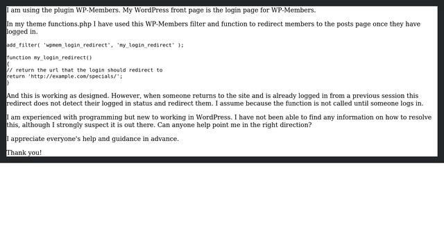 Wordpress: WP-Members redirect if member ALREADY logged in смотреть онлайн
