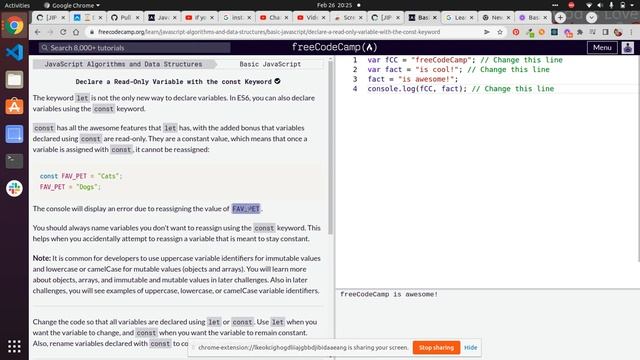 Lesson 10 | Basic JavaScript | Declare a Read-Only Variable with the const Keyword смотреть онлайн