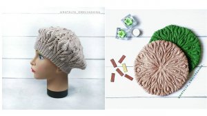 Берет узором "Листья". Вяжем берет спицами. МК со схемой.