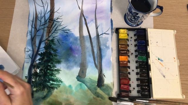 Рисуем лес акварелью. Видеоурок