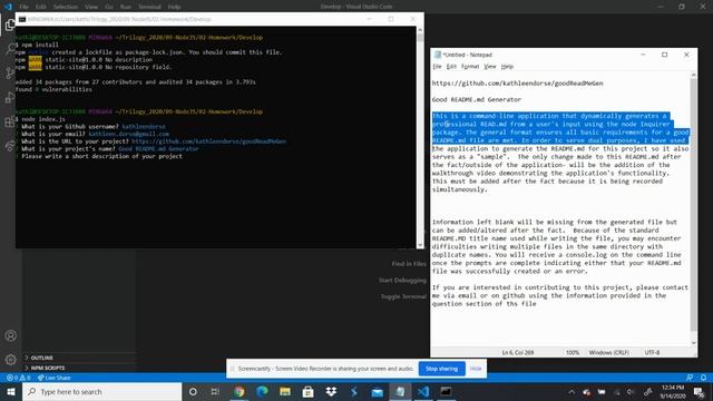 command line README.md generator (JS) user walkthru