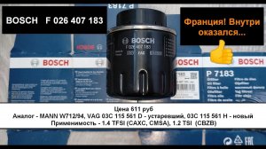 Распил масляного фильтра BOSCH F 026 407 183 (аналог - MANN W712/94)