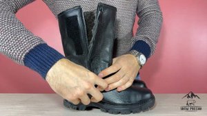 Унты России - сапоги мужские натуральные черные кожаные с замком 'Алтай', литая подошва, код 40151