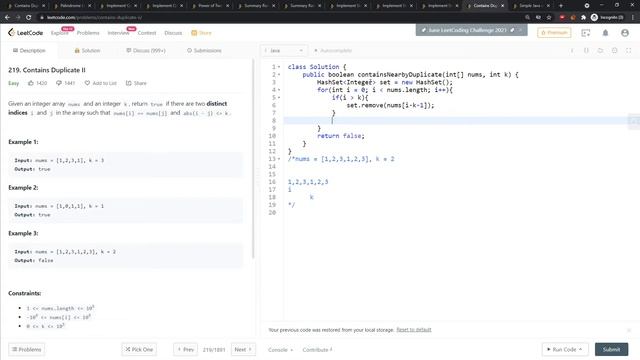 LeetCode 219 | Contains Duplicate II | HashMap | HashSet | Java смотреть онлайн