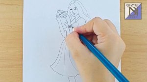 How to draw photography girl with camera | Very easy pencil drawing tutorial | simple drawing