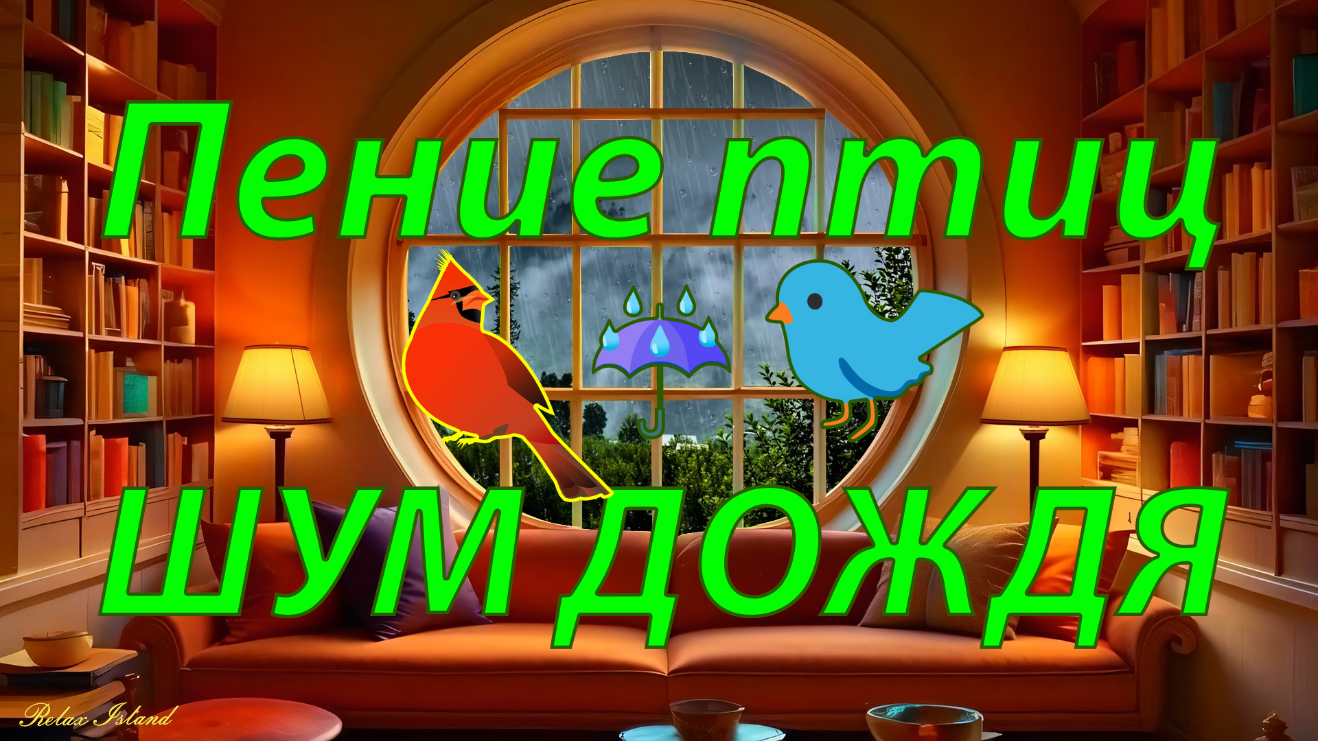 Звук дождя для сна и пение птиц ? Шум дождя и раскаты грома в библиотеке на диване ☔️ Белый шум