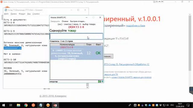 Размещение товара в ячейки указанных в задании на ТСД в ПО «Mobile SMARTS: Склад 15»