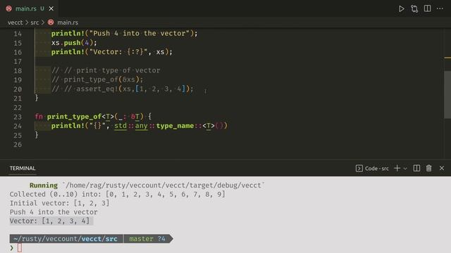 Create Vector using collect() | print the data type | Rust Language