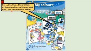 Kid's Box Starter - Unit 3 - My Colours - 1 - Listen and point. With comic dialogue box.