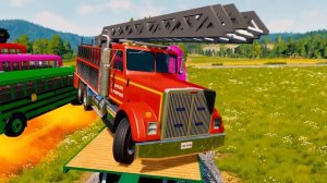Double Flatbed Trailer Truck rescue Bus - Big & Small Monster Trucks Transportation with Truck
