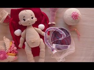 Вязаная плацента с двумя оболочками  и пупс 30см. Пособие для перинатальных центров и доул.