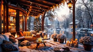 Cozy Winter Porch Ambience Lakeside with Smooth Piano Jazz Music ☕Gentle Snow Falling for Relaxatio