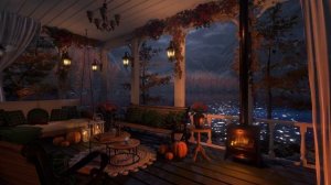 Autumn Porch Night Ambience | Calm Lakeshore, Firepit & Forest Nature Sounds