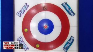 #stoh2019 Jennifer Jones breaks her broom protecting the hack from Rachel Homan's rocket