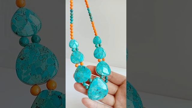 Natural turquoise and Orange Spiny oysterdouble stone laminated pendant necklace 10