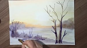Зимний пейзаж "Закат на реке", как нарисовать акварельными красками.