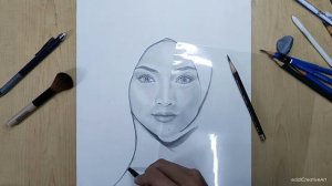 Pencil Drawing Neelofa Beauty Hijab Girl, A realistic portrait drawing time lapse