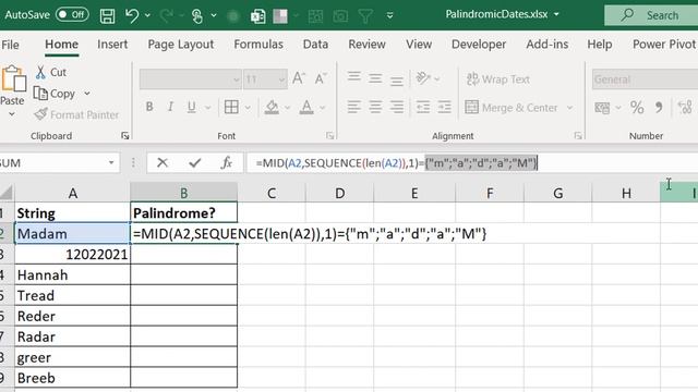 Formula Expression For Palindromes In Excel