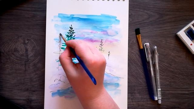 Как нарисовать ЗИМУ акварелью | Зимний пейзаж красками | Снежная зима
