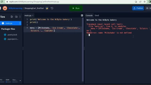 Python Programming: Creating the lists menu and price in the Shopping Cart project