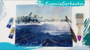 Как нарисовать лед и горы мастихином и акварелью | Акварельная картина "Озеро Байкал зимой" | Демо