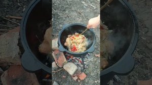 Чахохбили из курицы с картошкой в казане на костре. #@kazan-mangal161