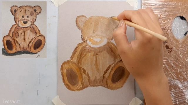Рисуем плюшевого мишку. Пошагово акрилом (гуашью)