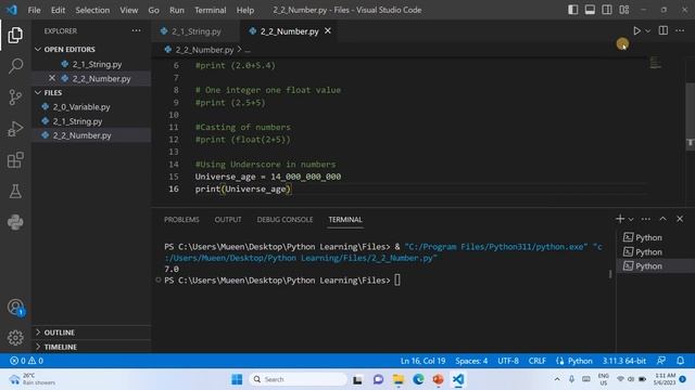 Python Crash Course Class # 4 (Using Numbers in Python, Underscore in numbers, Comments)