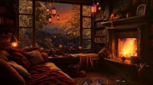 Peaceful Autumn Evening Fireplace and Gentle Rain Ambience   Relax, Sleep or Study