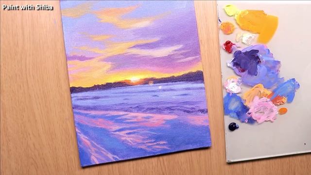 Acrylic painting idea landscape painting of sunset and winter snow смотреть онлайн