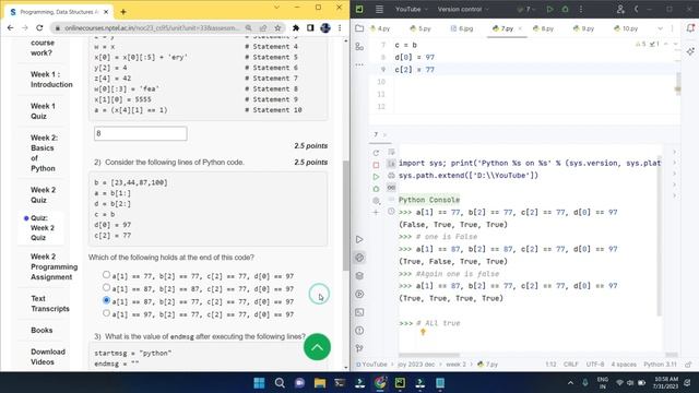 NPTEL: Programming , Data Structures and Algorithms Using Python Week 2 Quiz answer with proof(100% смотреть онлайн