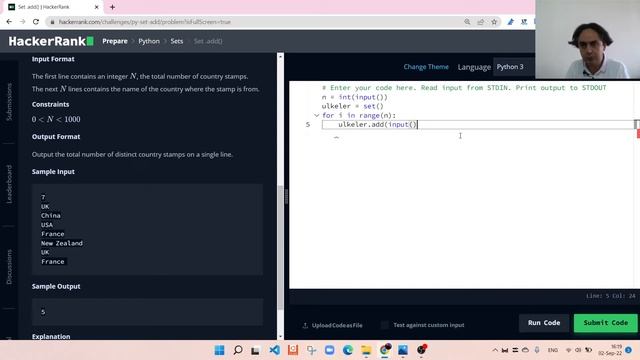 HackerRank Sets Set.add() Sorusunun Python Dilinde Çözümü