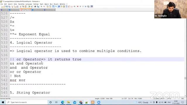 Operator in PHP Part 2 | Day 7 | Logical Operator, string operator in PHP , diff  among =, ==,===