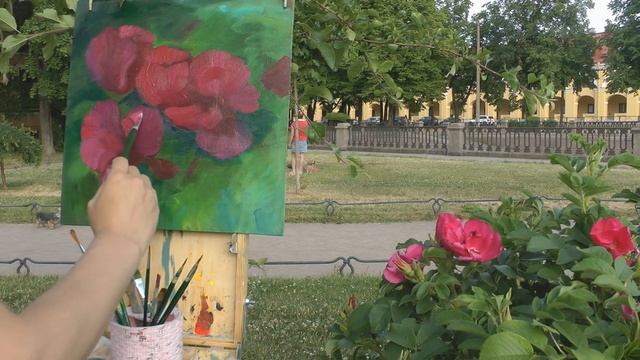 Картина маслом поэтапно "Цветущий шиповник".Пленэр.Rosehip.Picture