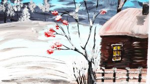 Нарисуем зимний пейзаж с детьми. Рисуем домик в деревне. Рябина гуашью. Правополушарное рисование.