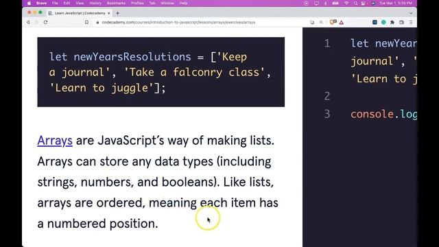 JavaScript Arrays for Beginners, Intro to JavaScript Arrays on Codecademy, Learn Array Manipulation