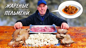КУШАЕМ и СЛАВИМ - ЖАРЕНЫЕ ПЕЛЬМЕНИ по СИБИРСКИ с ПЕЧЕНЬЮ и  ОВОЩАМИ в СКОВОРОДЕ на КОСТРЕ