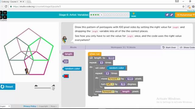 Code.org Course 4, Stage 6, Puzzle 1-8 'Artist-Variables' смотреть онлайн