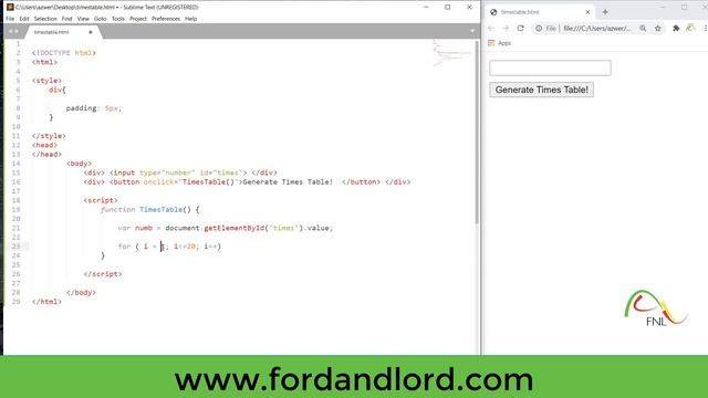 #10  - Javascript - Generate a times table using  "For Loop"