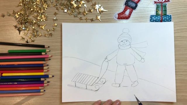 Зимние каникулы. Мальчик с санками на горке. Рисунок зима карандашом. Рисунок зимние забавы.