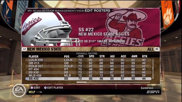 NCAA Football 08 New Mexico State Aggies Overall Player Ratings