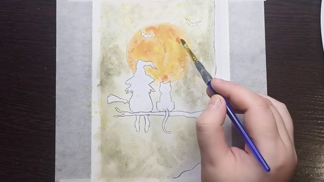 Ведьма с котом / Рисунок гуашью / Рисунок на Хэллоуин