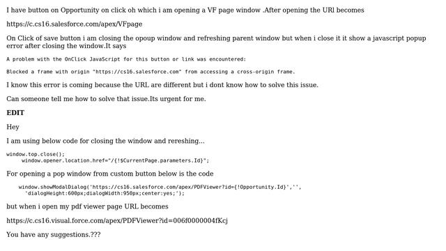 Salesforce: JavaScript pop up window (cross-origin frame issue)