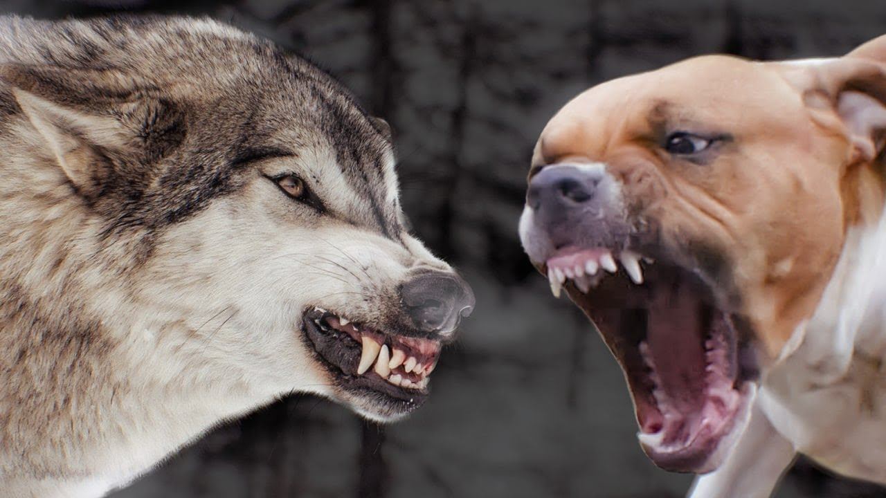 Собаки против видео. Волкособ против питбуля. Питбуль против волка бой.