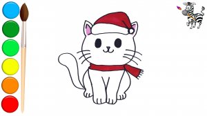 Как нарисовать милого Котенка в шапке Деда Мороза / Урок рисования для детей