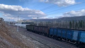 Freight trains in mountains South Siberian Railway "Abakan - Taishet"