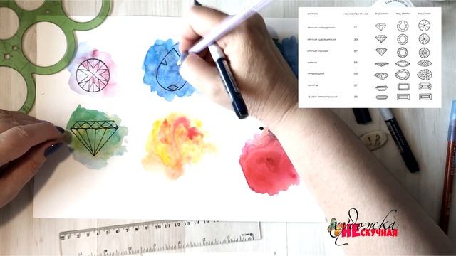 Как нарисовать драгоценные камни с огранкой. Акварель. Линер.