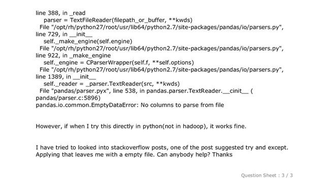 Pandas : Importing text file : No Columns to parse from file